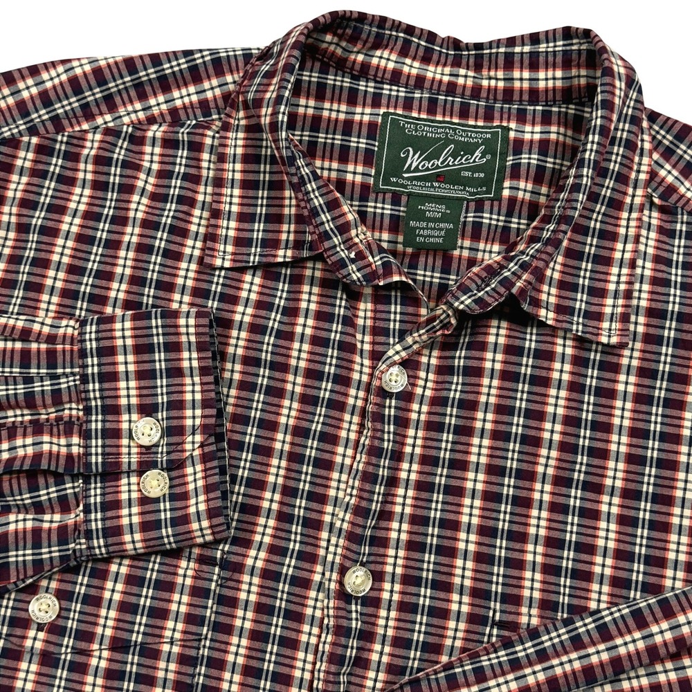 Woolrich Men's Plaid Long Sleeve Button Up Shirt Burgundy Blue Cream Medium EUC
